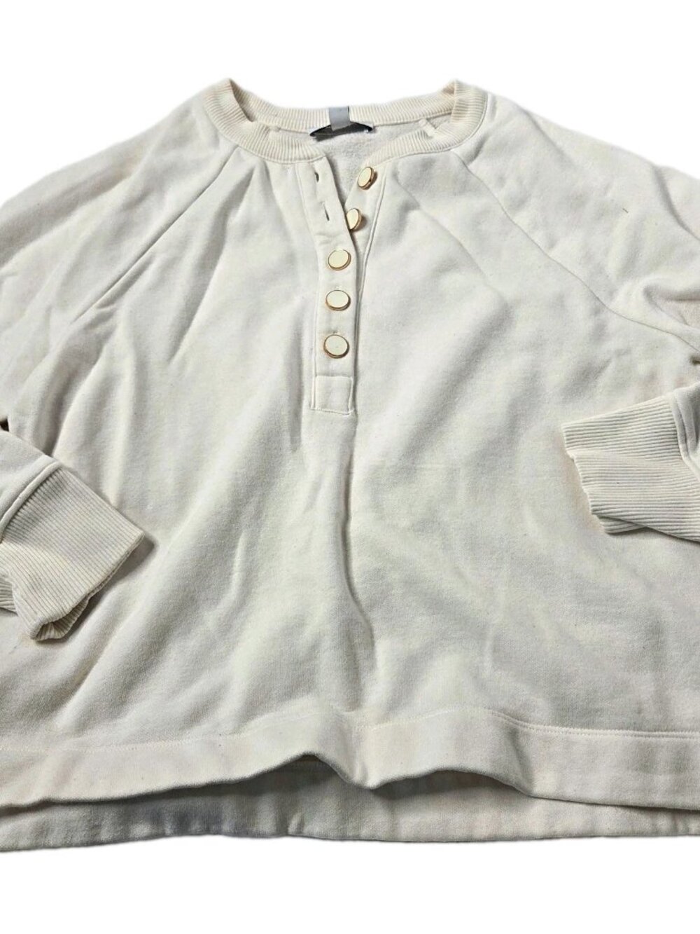 Ann Taylor Weekend Women's Size S Ivory Henley Button Fleece Sweatshirt Pockets